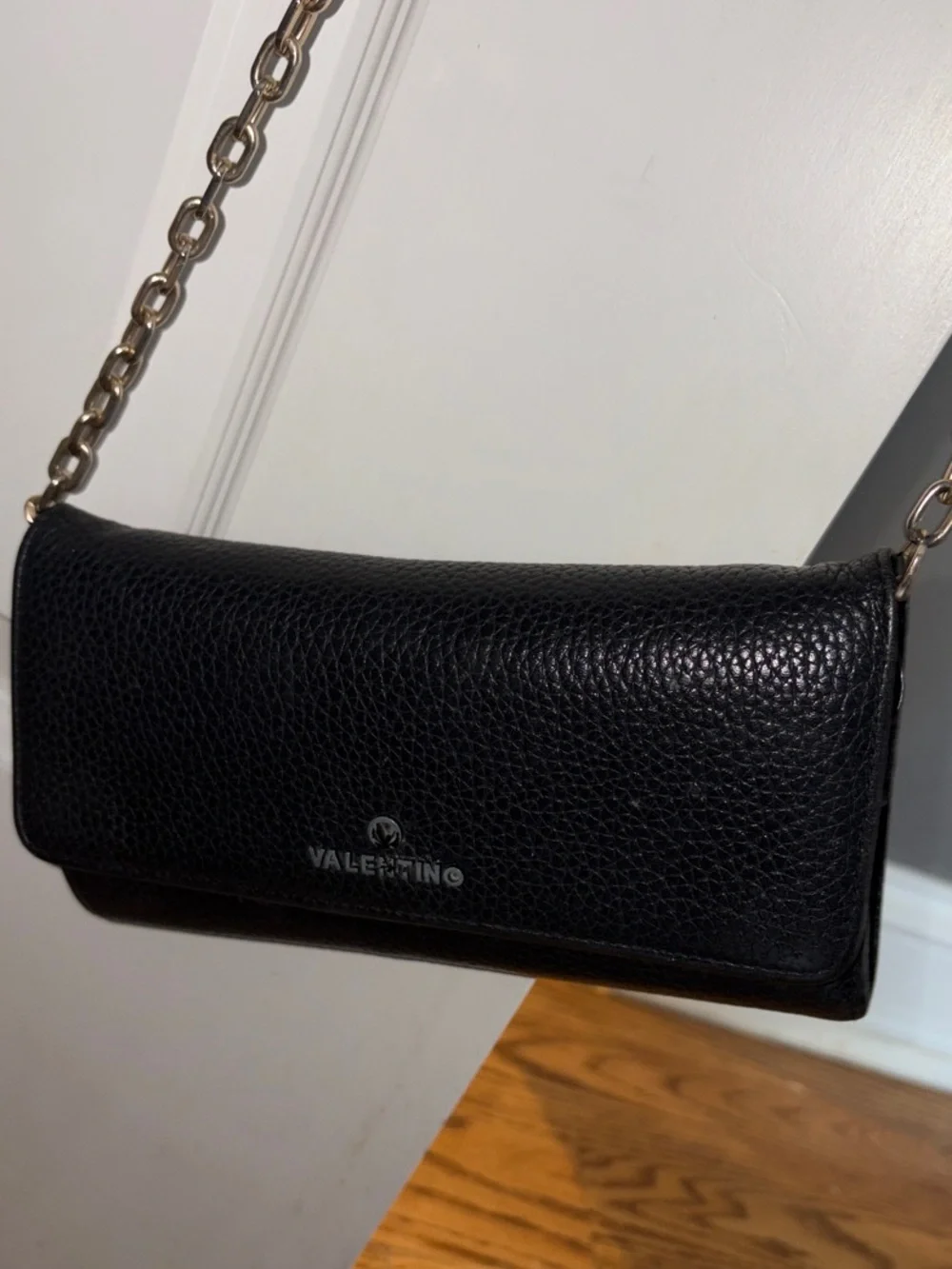 Mario Valentino Black Pebbled Leather Crossbody with Gold Chain